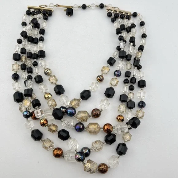 Vintage Germany stamped Black and Gold 5 Strand AB Beaded Necklace - Picture 5 of 14